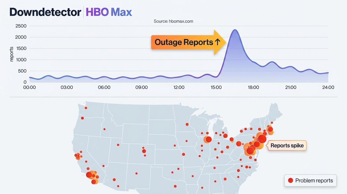 Downdetector HBO Max status page showing a regional outage spike on the report graph