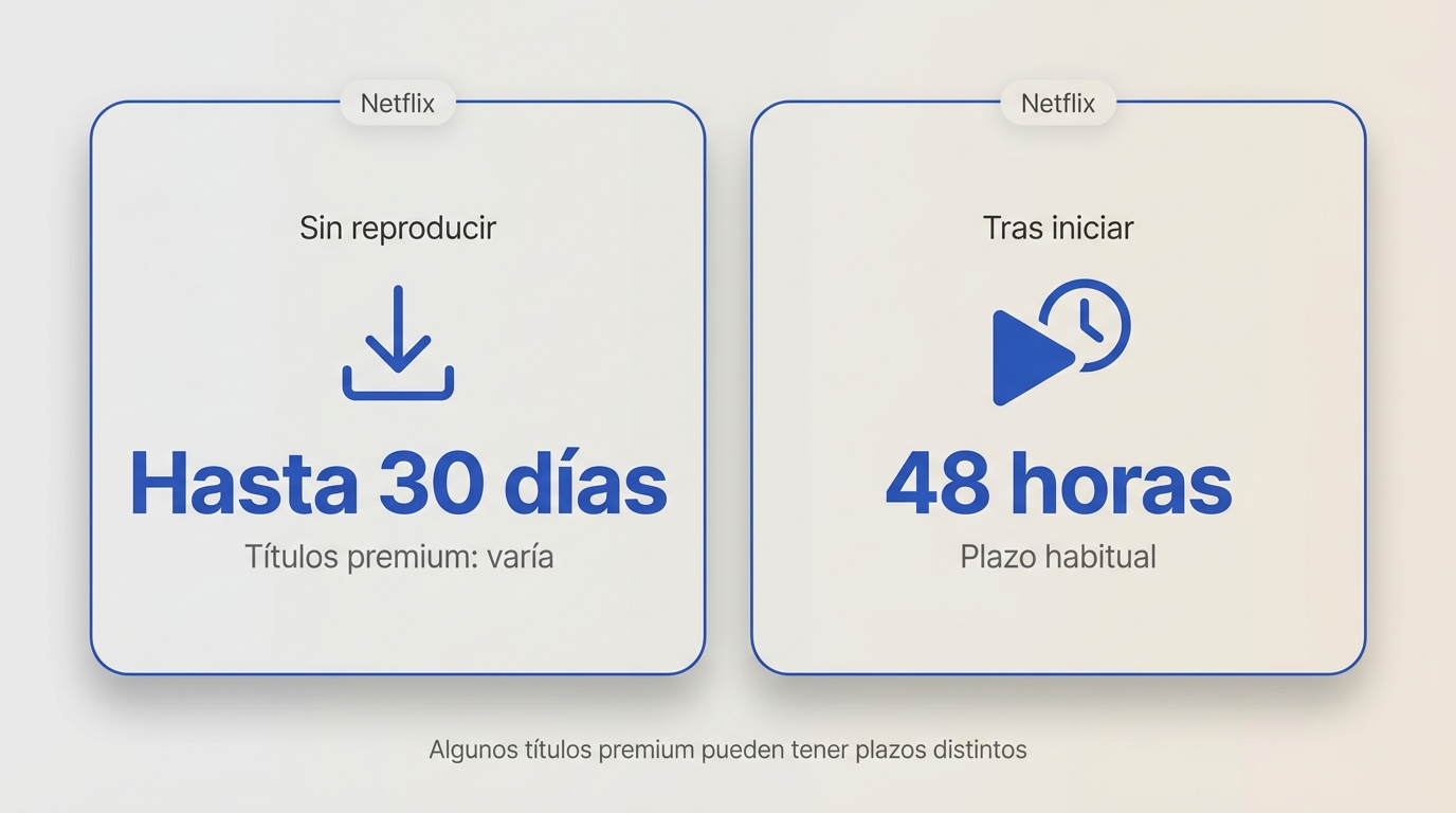 Comparación de plazos de descarga Netflix: 30 días sin reproducir vs 48 horas tras iniciar reproducc