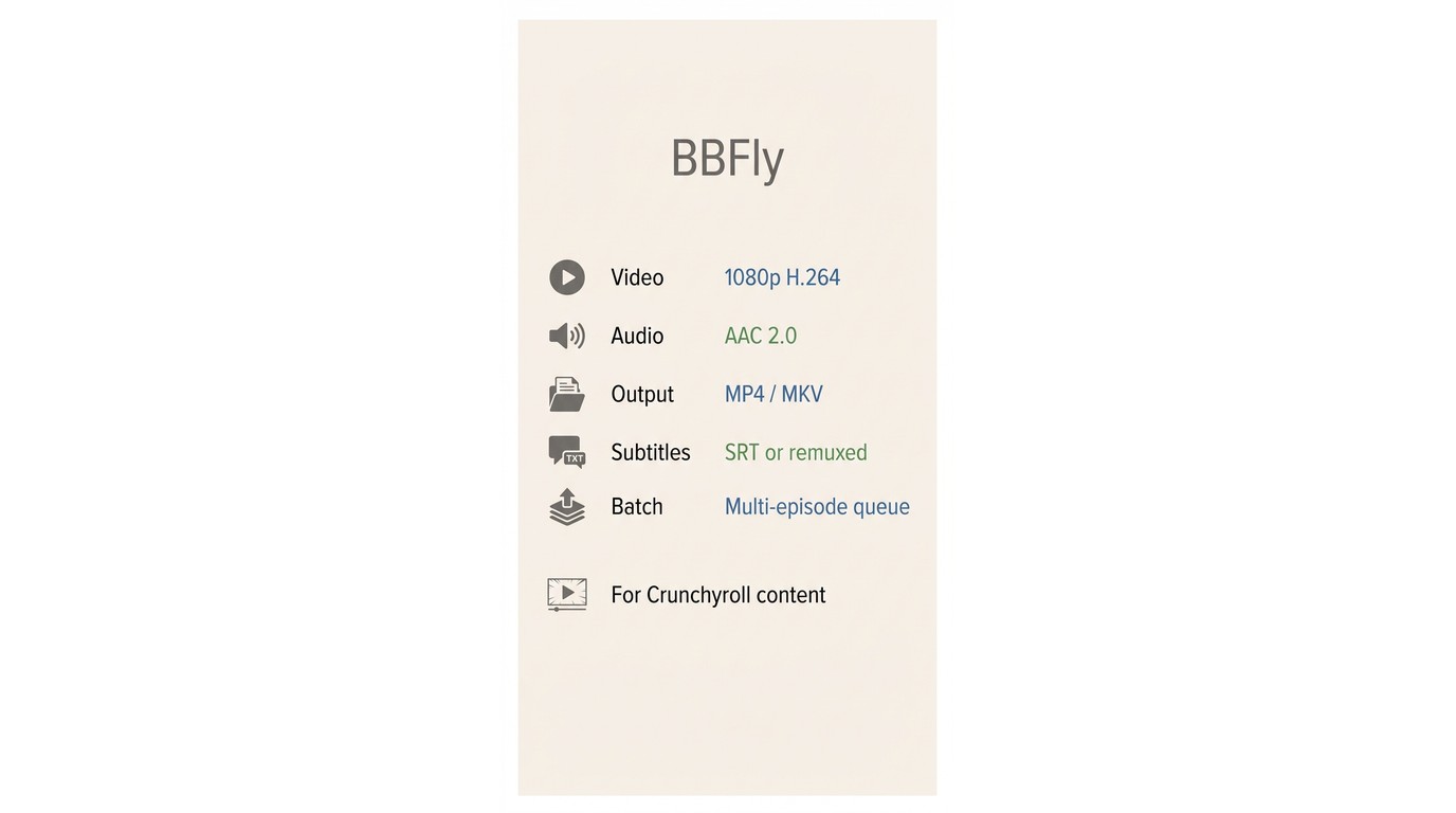 BBFly specs for Crunchyroll downloads: 1080p H.264, AAC 2.0, MP4 or MKV output, SRT subtitles, batch