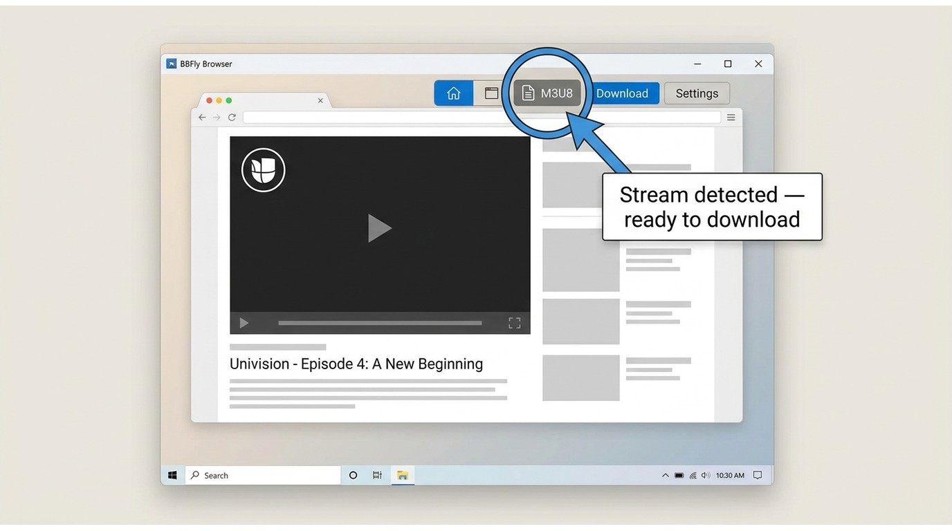BBFly built-in browser showing Univision episode loaded with M3U8 stream tag highlighted in the down