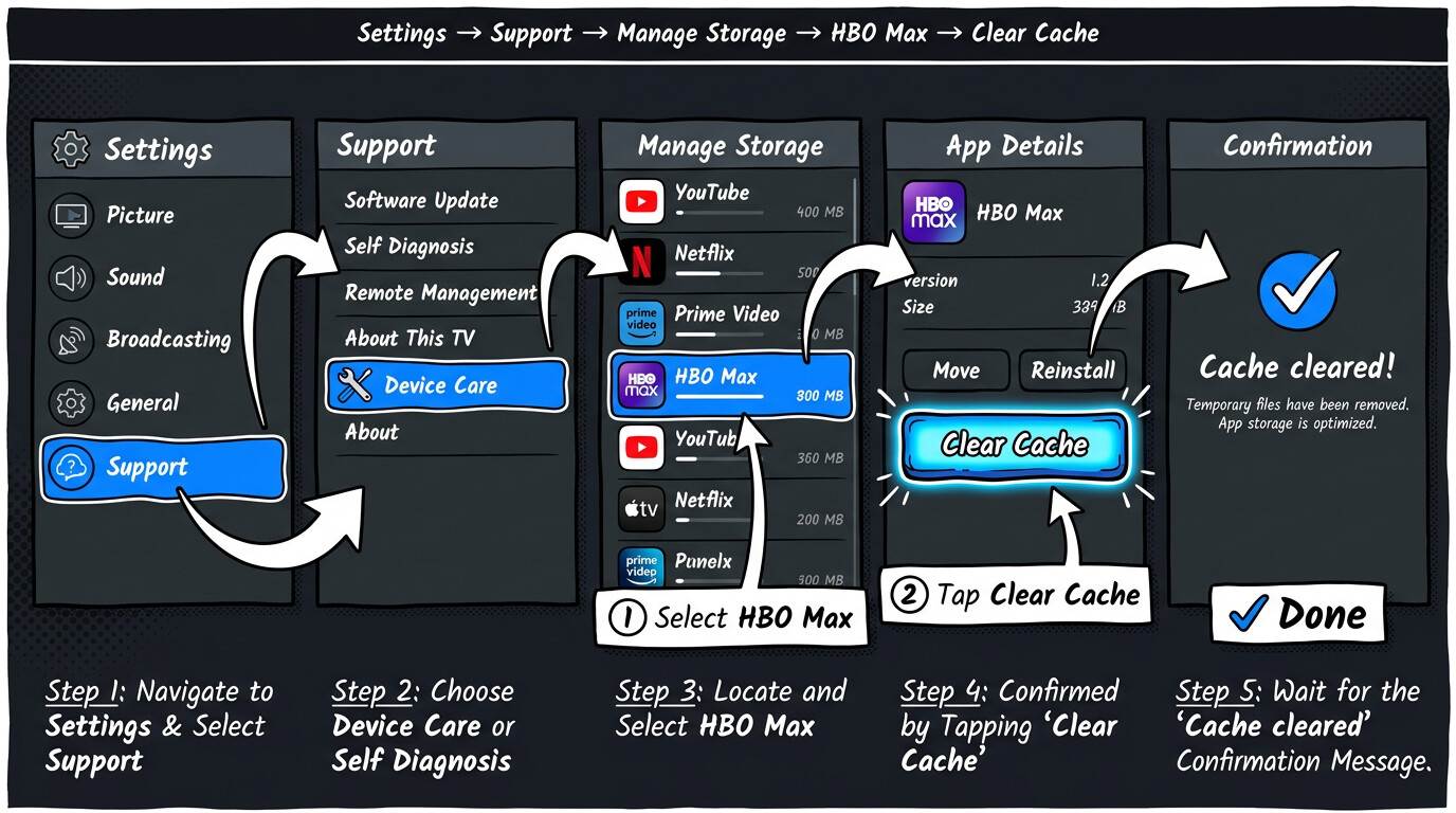 Samsung TV Device Care Manage Storage screen with HBO Max selected and Clear Cache option highlighte