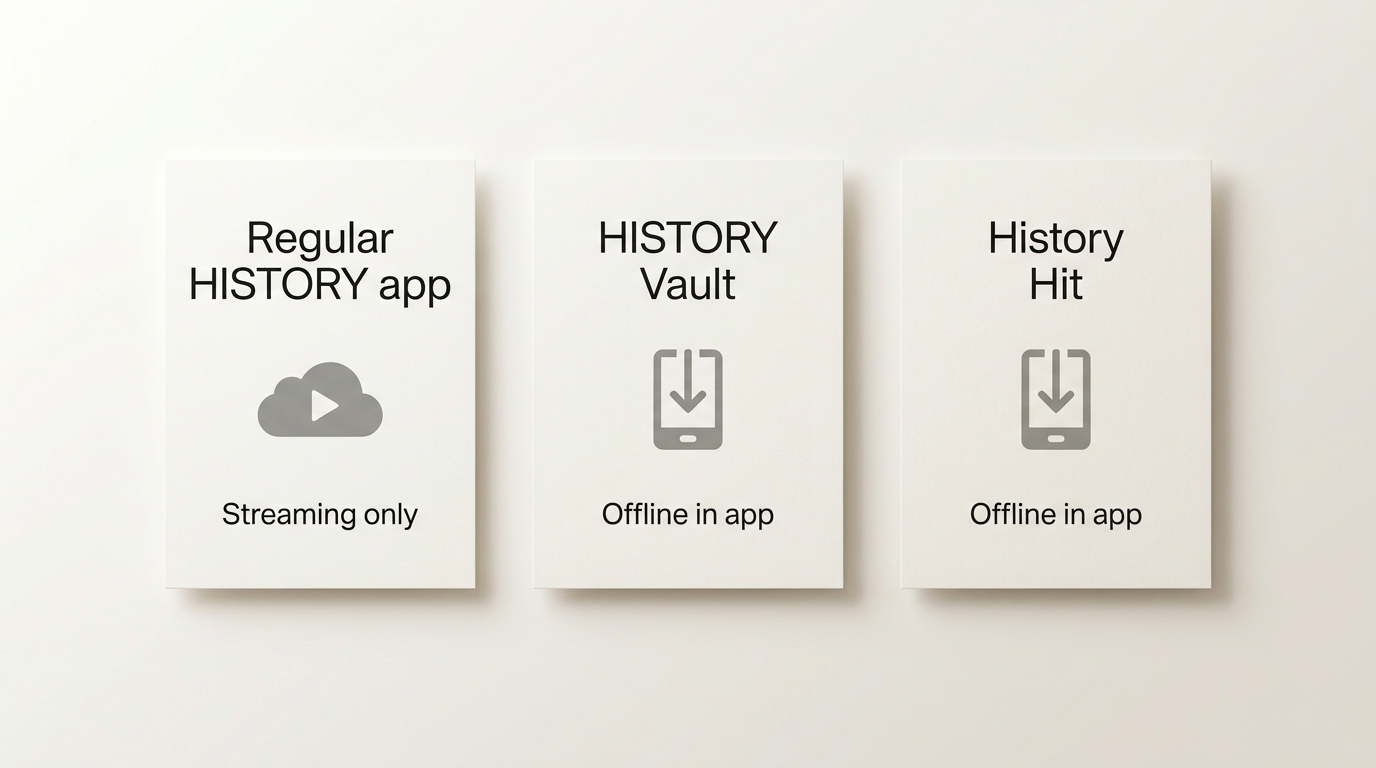 Comparison of HISTORY app, HISTORY Vault, and History Hit offline support