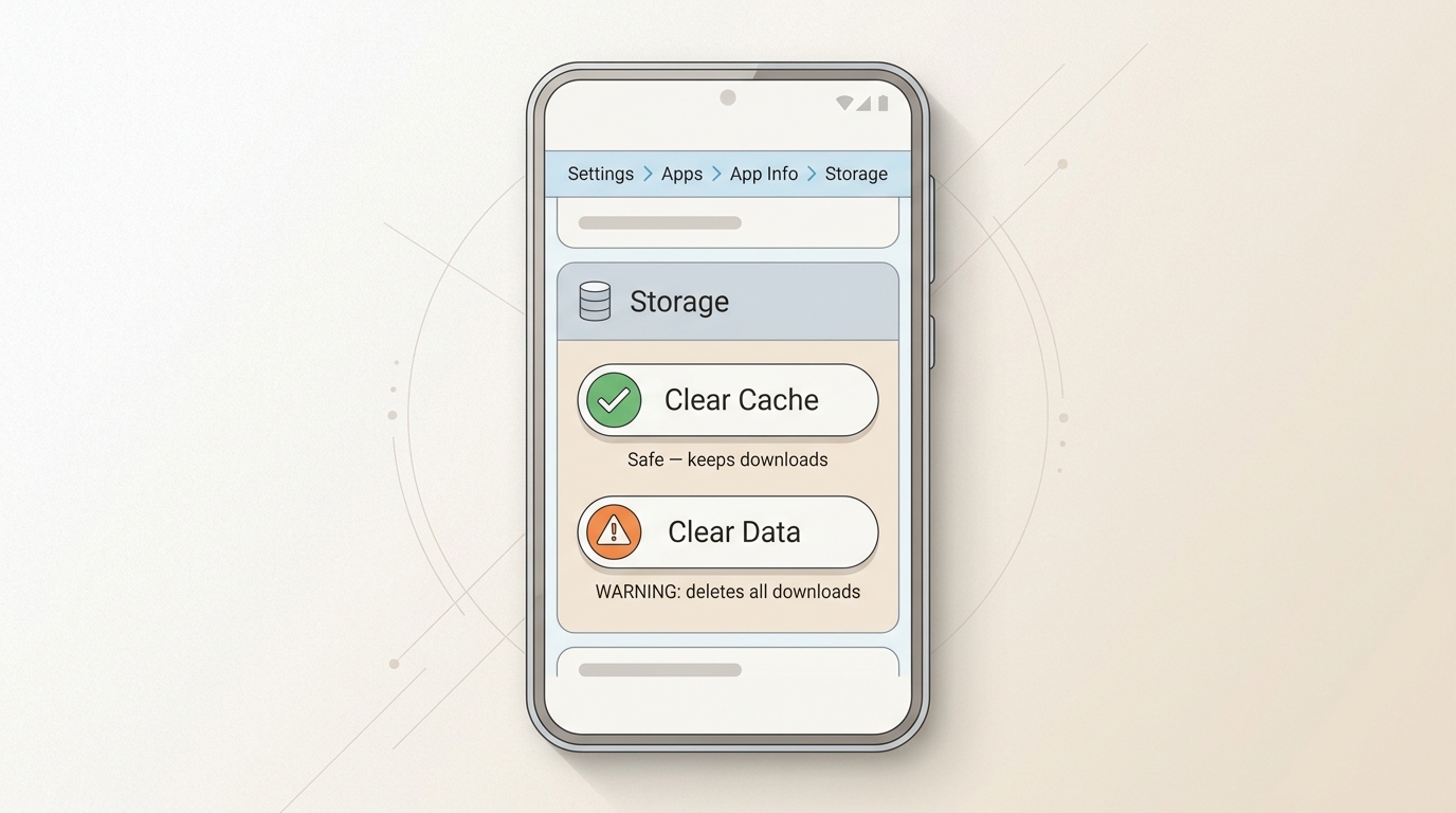 Android Netflix app Storage settings: Clear Cache button highlighted safe, Clear Data marked as dele