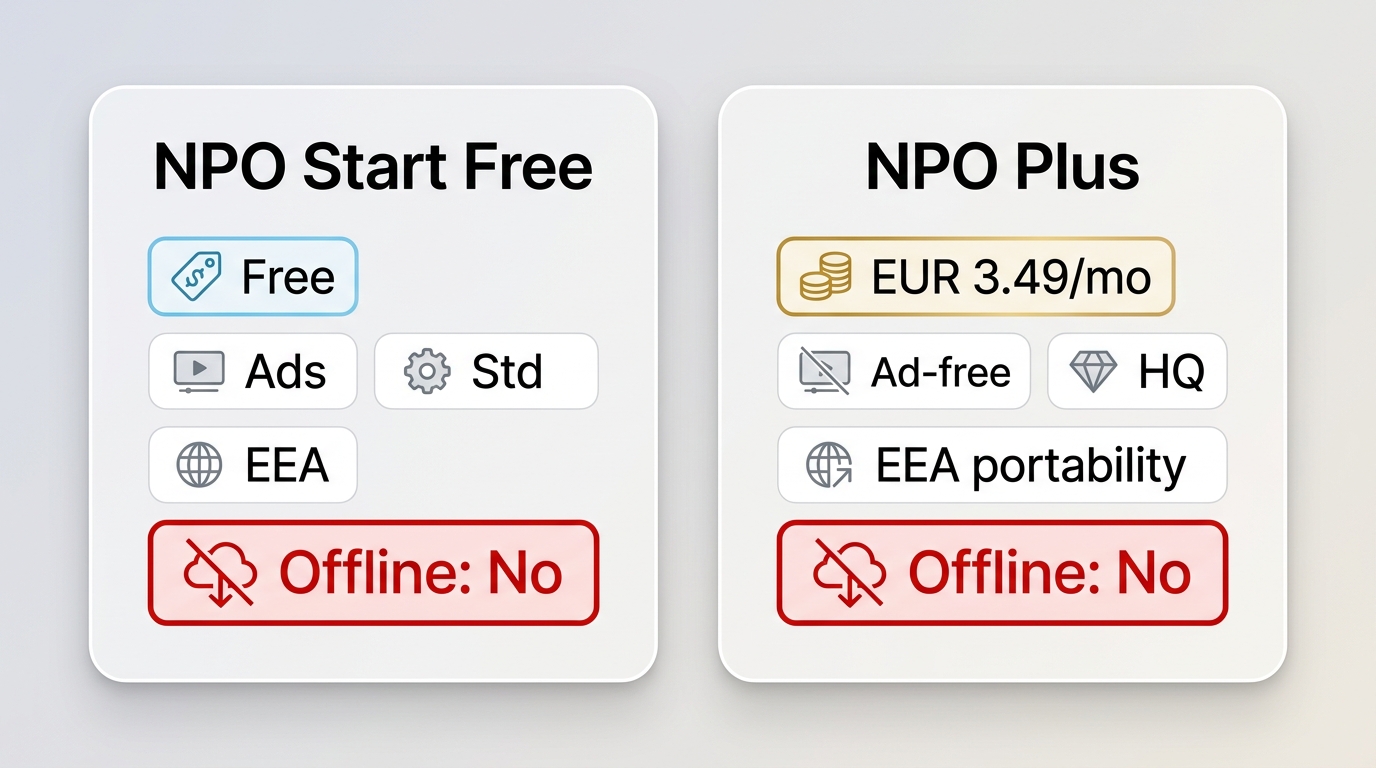 Comparison of NPO Start Free and NPO Plus showing price, ads, quality, EEA portability, and no offli