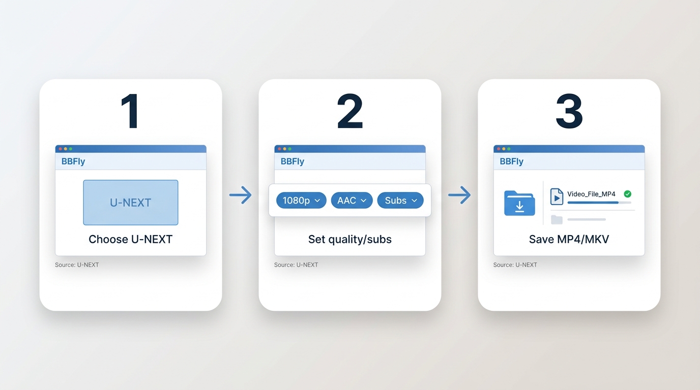Three BBFly steps for downloading U-NEXT videos: choose service, set options, then save the file.