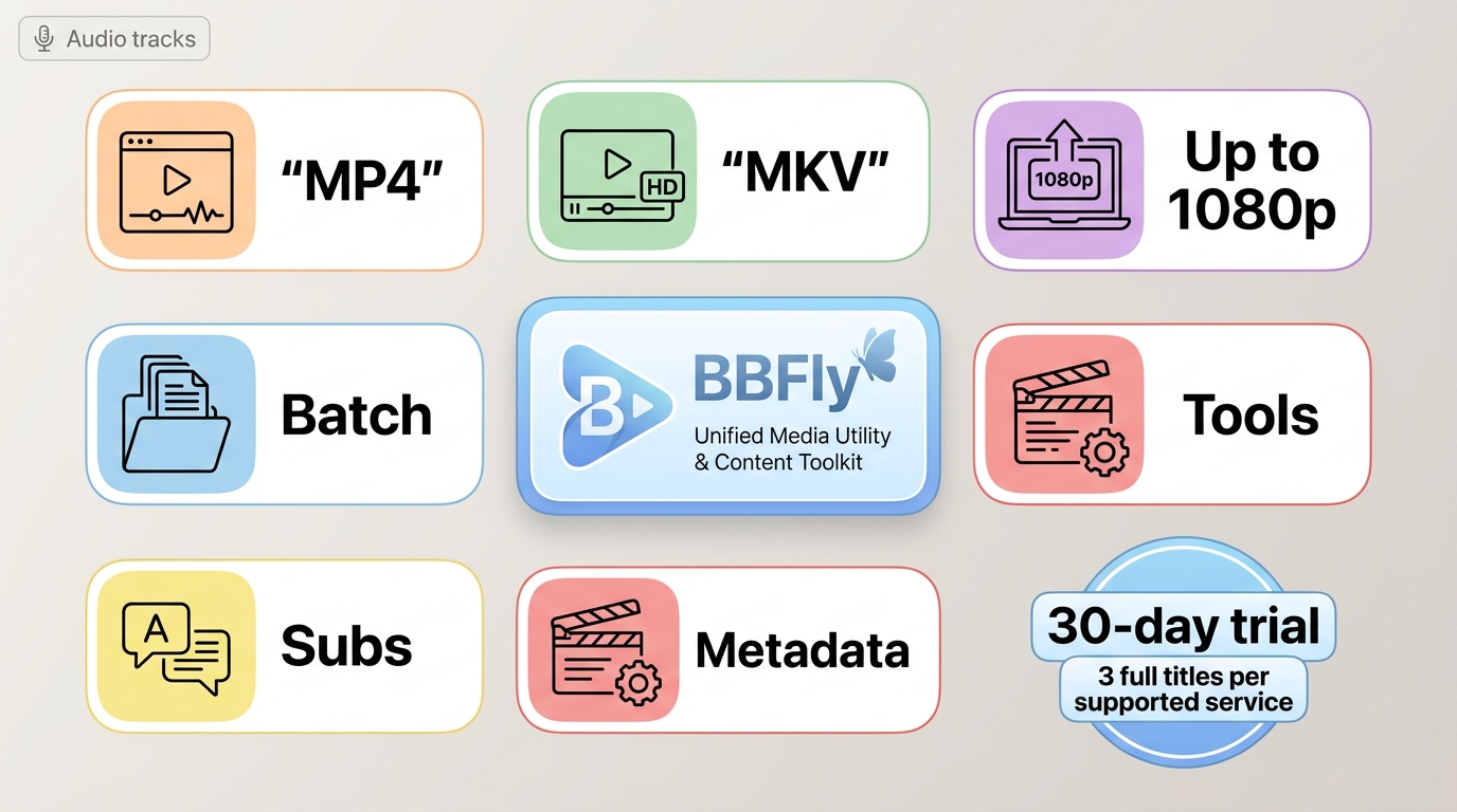 BBFly features summary with MP4, MKV, 1080p, subtitles, and trial limits