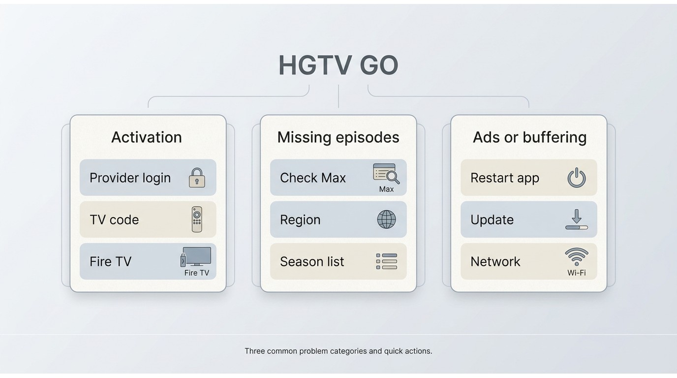 HGTV GO troubleshooting flow for activation errors, missing episodes, and buffering or crashes
