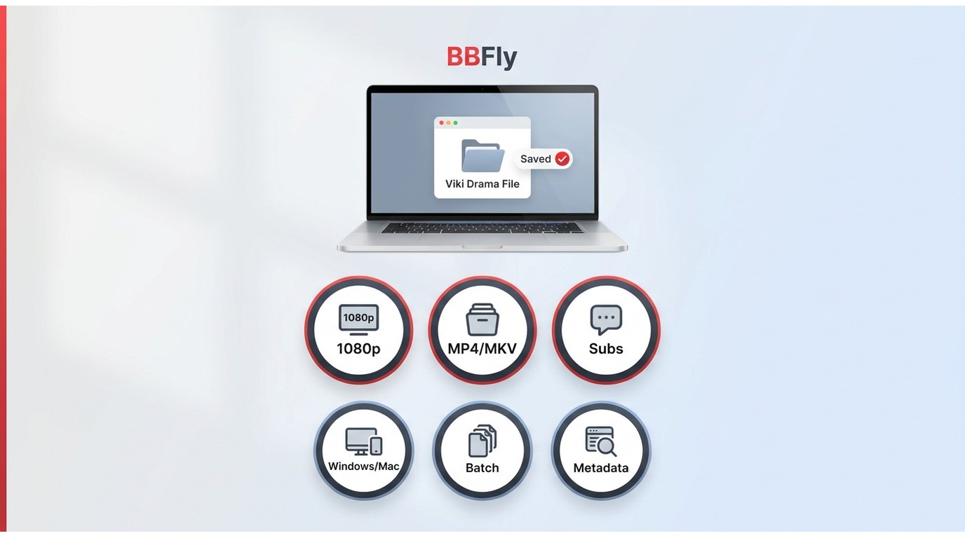 BBFly Viki Downloader features including MP4, MKV, 1080p, subtitles, and Windows or Mac support.