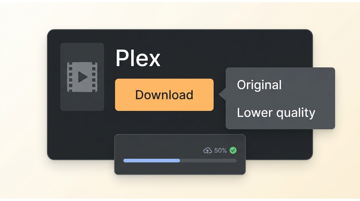 Plex app movie page with Download option, quality choices, and offline queue