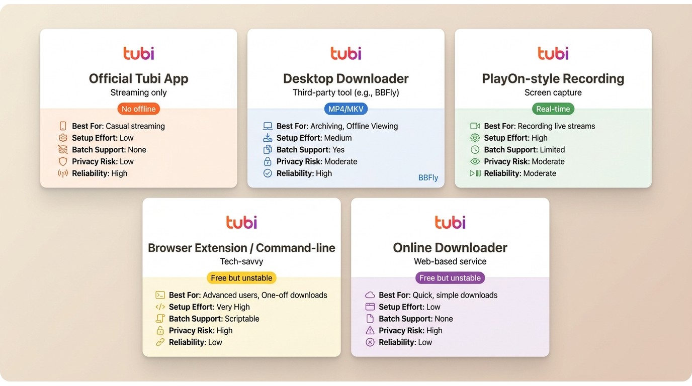 Comparison of Tubi app, BBFly-style desktop downloaders, recording, extensions, and online tools for