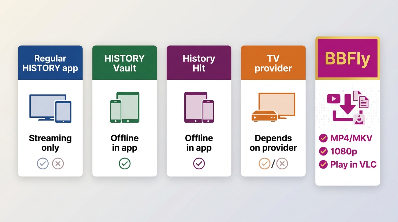 Comparison of HISTORY app, HISTORY Vault, History Hit, TV provider, and BBFly