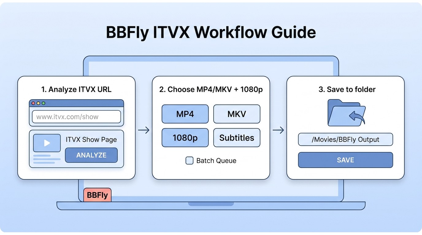 BBFly 中选择 ITVX 视频格式、清晰度、字幕并保存到本地文件夹的流程