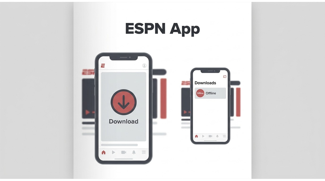ESPN app flow on phone showing an eligible title with a download button and the saved item in Downlo