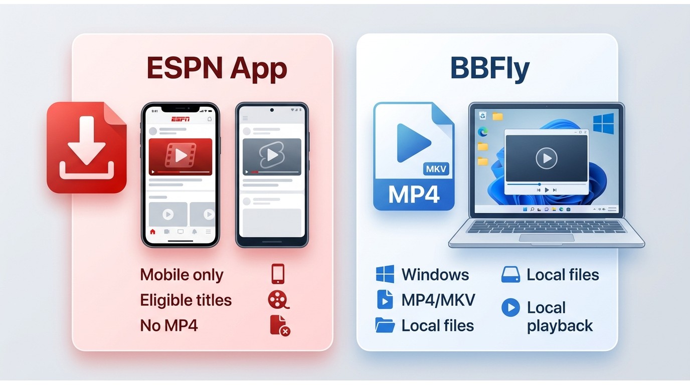 Comparison of ESPN app downloads and BBFly on Windows, showing app-only viewing versus local MP4 fil