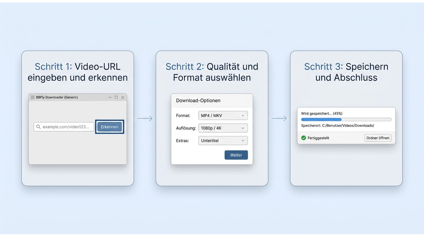 BBFly Downloadablauf: URL einfügen, Format und Qualität wählen, Datei lokal speichern