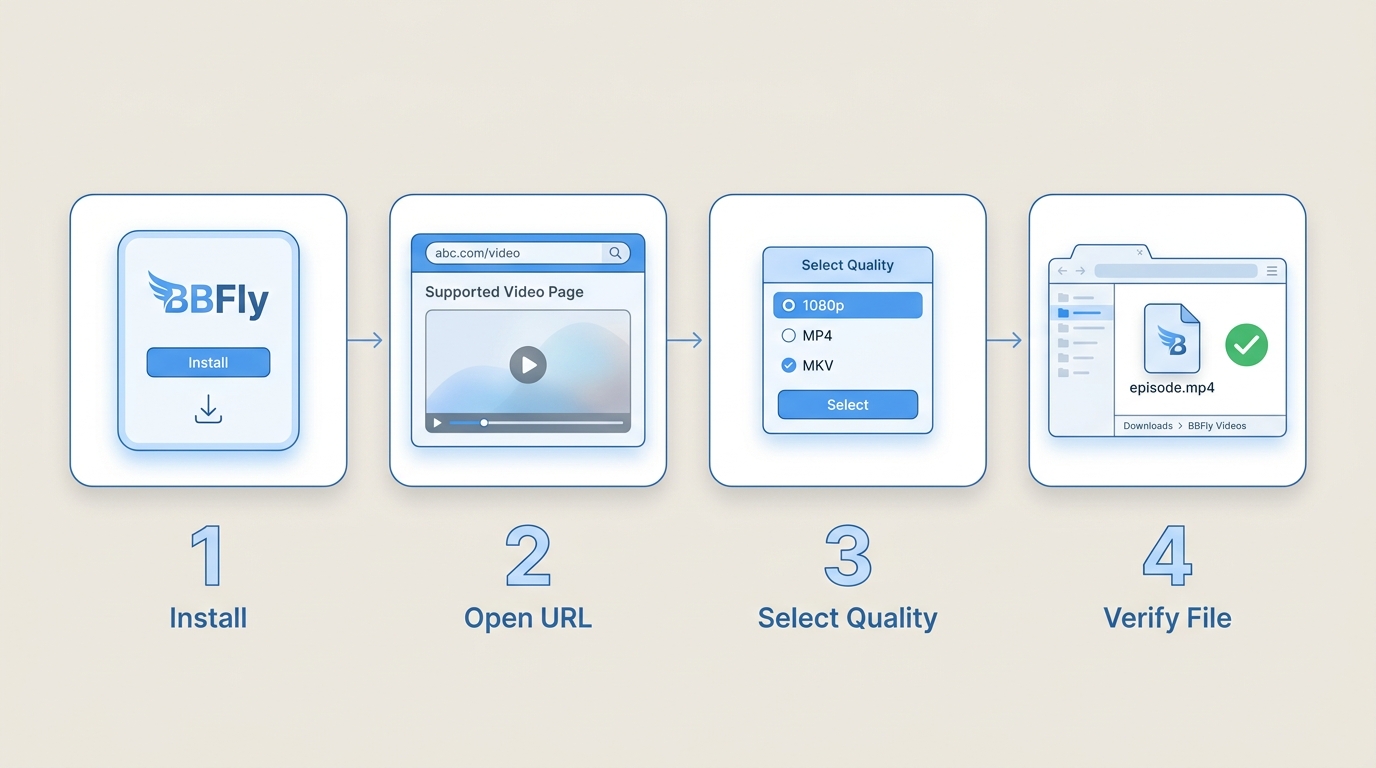 BBFly 4-step workflow: install app, open ABC.com URL, select 1080p MP4, verify downloaded file