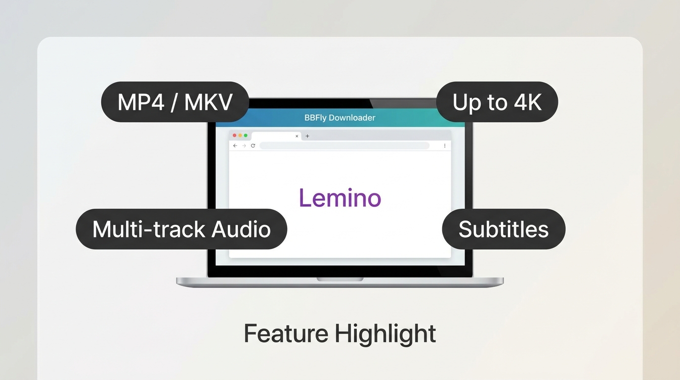 BBFly Lemino Downloader features: MP4/MKV output, up to 4K quality, selectable audio tracks, downloa