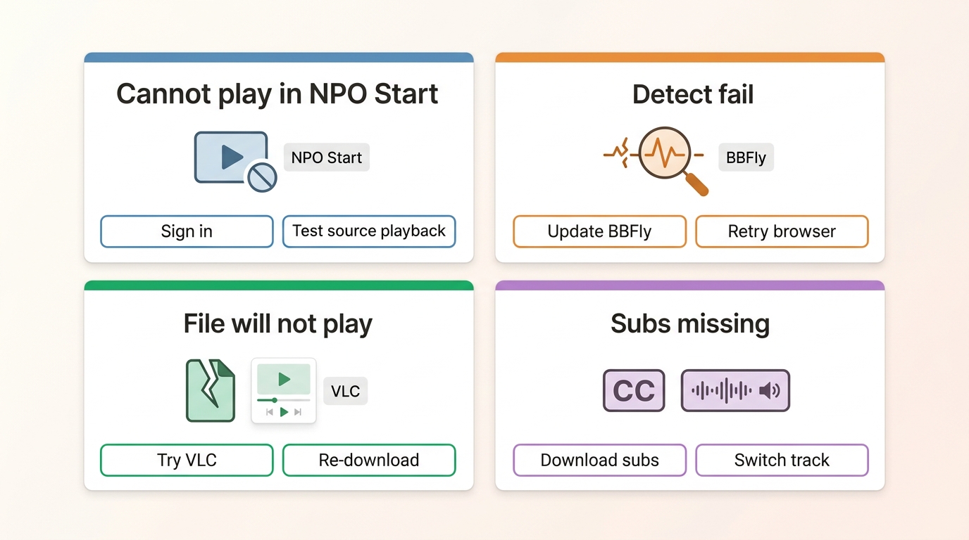 Troubleshooting flow for NPO Start and BBFly covering detection, playback, and subtitle problems.