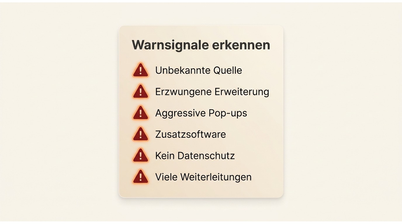 Checkliste: Warnsignale bei unseriösen Video-Downloadern – Weiterleitungen, Pop-ups, fehlende Datens