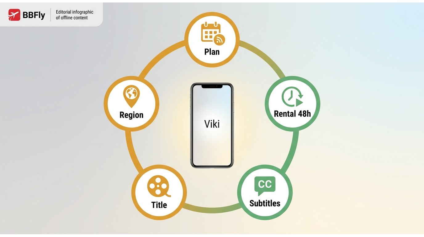 Viki offline checklist covering plan, region, title, subtitles, and rental expiration.