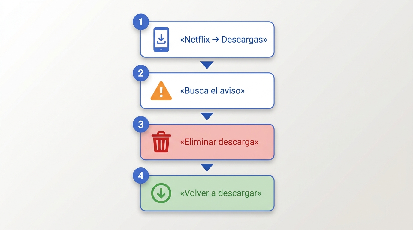 Pasos para renovar descarga caducada en Netflix: abrir app, Descargas, eliminar título, volver a des