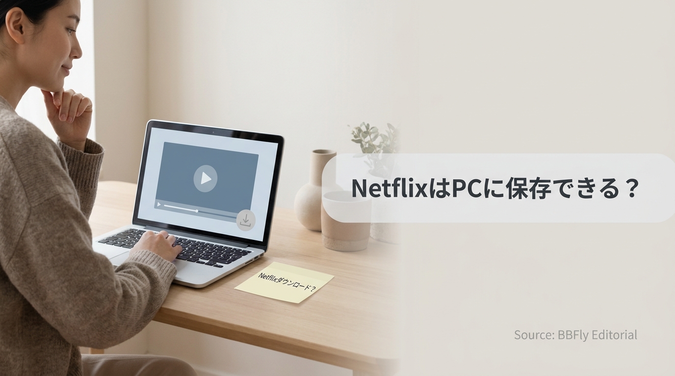 机の上のノートPCで動画配信を開き、グレーアウトした保存アイコンを前に考え込む人物のワイドな編集写真。