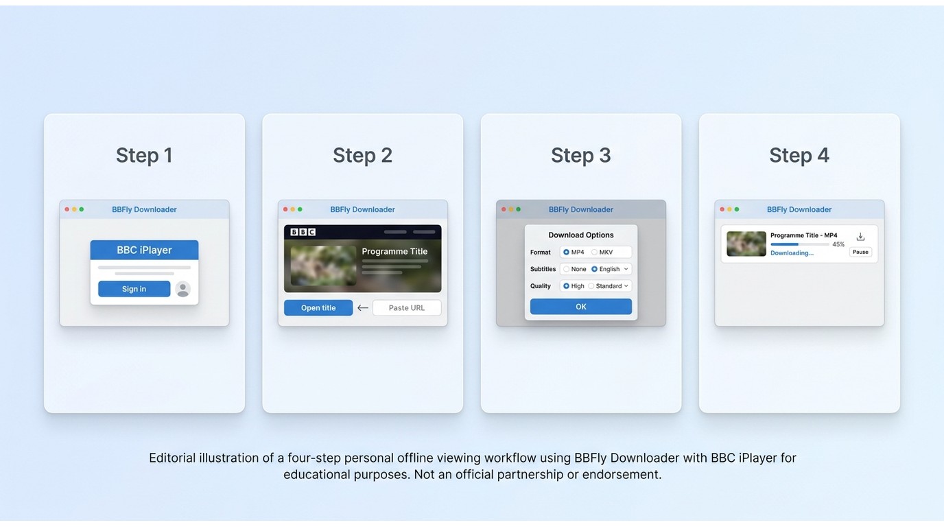 BBFly workflow for saving BBC iPlayer videos with format, subtitle, and quality options.