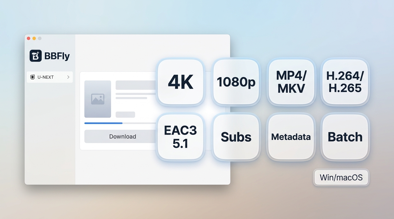 BBFly support summary for U-NEXT including 4K, MP4 or MKV, subtitle tracks, and metadata.