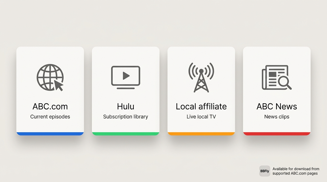 ABC content access paths after app shutdown: ABC.com, Hulu, local affiliate, and ABC News