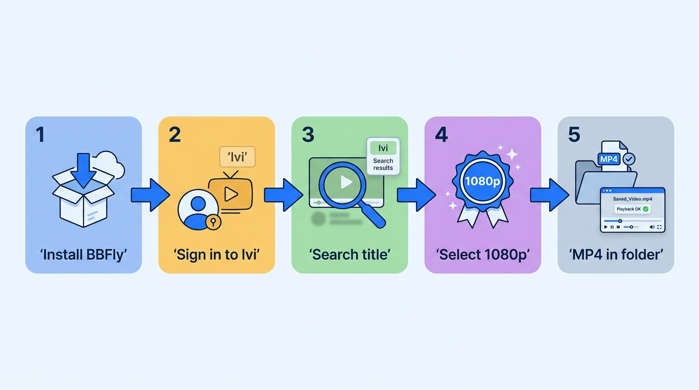 Five-step BBFly workflow: install, sign in to Иви, search title, choose 1080p quality, verify saved 