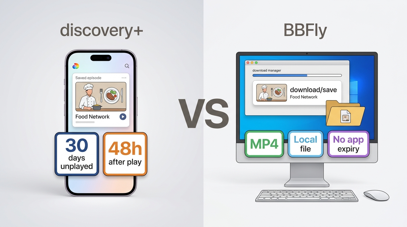 discovery+ 下载期限与 BBFly 本地 Food Network 文件管理差异对比