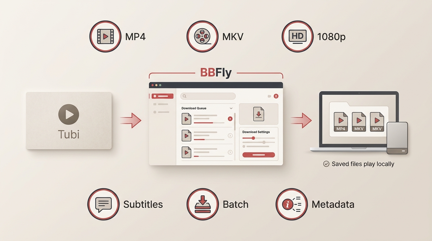 BBFly Tubi Downloader features including MP4, MKV, 1080p, subtitles, batch downloads, and ad-free sa