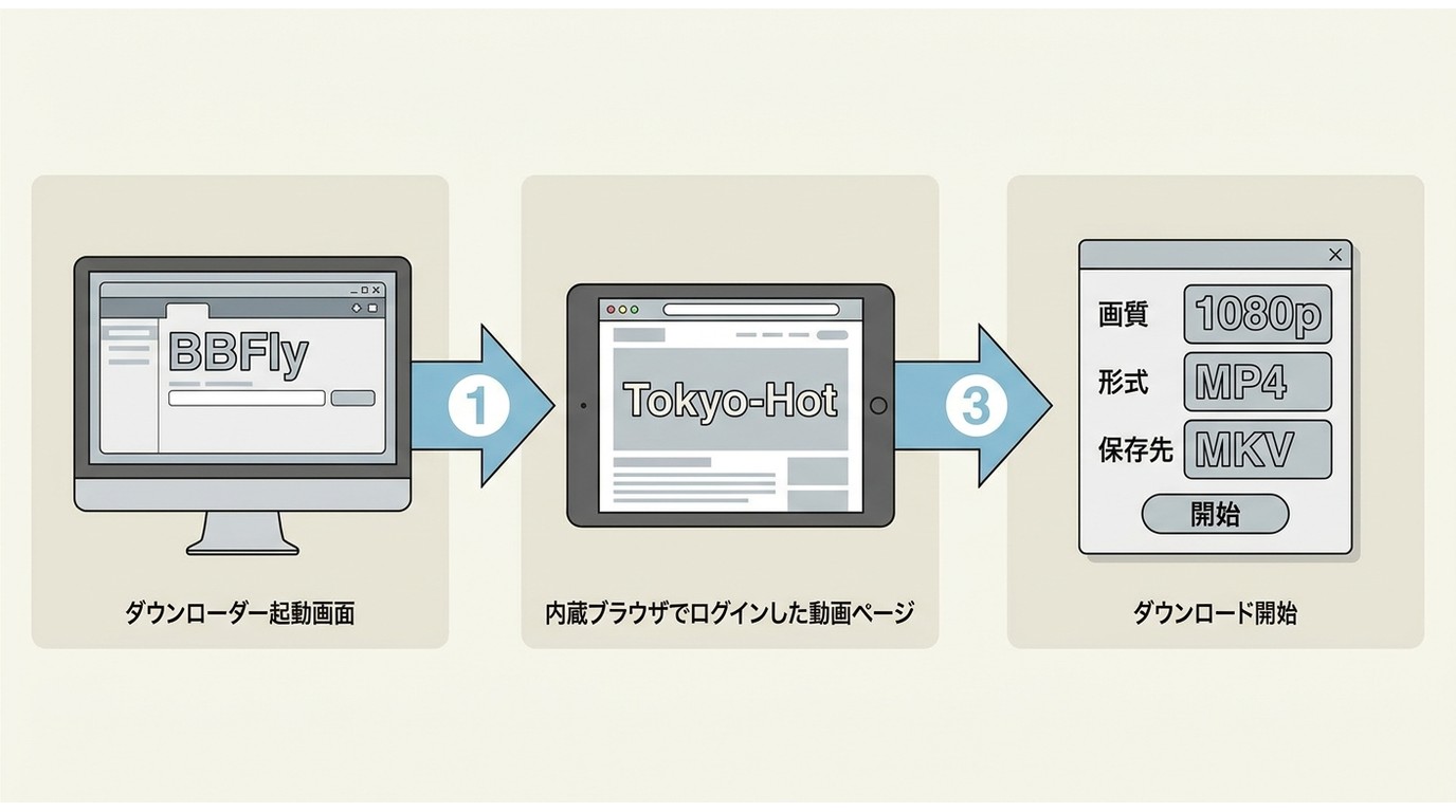 BBFly DownloaderでTokyo-Hot動画を保存する手順の画面イメージ