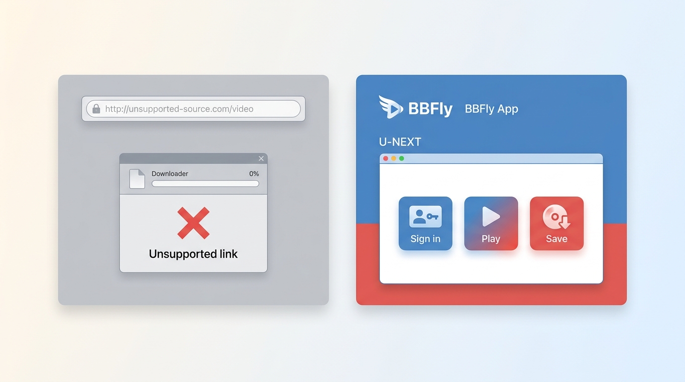Why a copied U-NEXT link may fail in generic download tools and need a BBFly workflow.