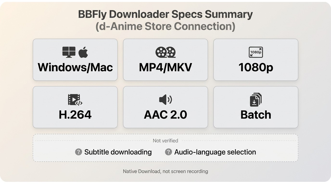 BBFly specs for d-Anime Store: Windows and Mac, MP4 or MKV, up to 1080p H.264 with AAC 2.0, plus unv