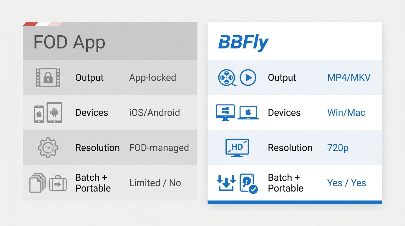 FOD app vs BBFly FOD Downloader: output format, device support, resolution, batch, and portability c