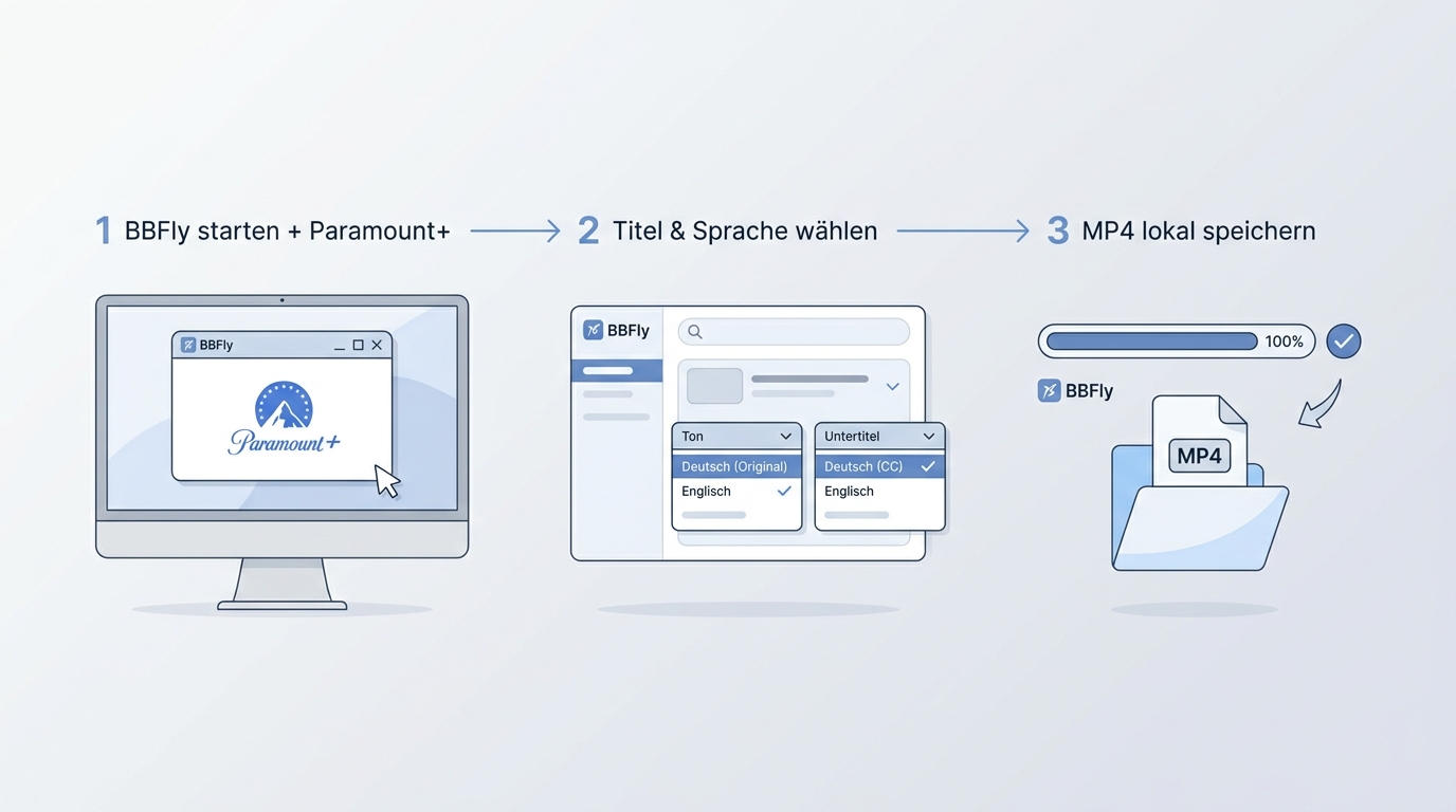 BBFly Paramount+ Download in 3 Schritten: App öffnen, Titel und Untertitel wählen, MP4 lokal speiche