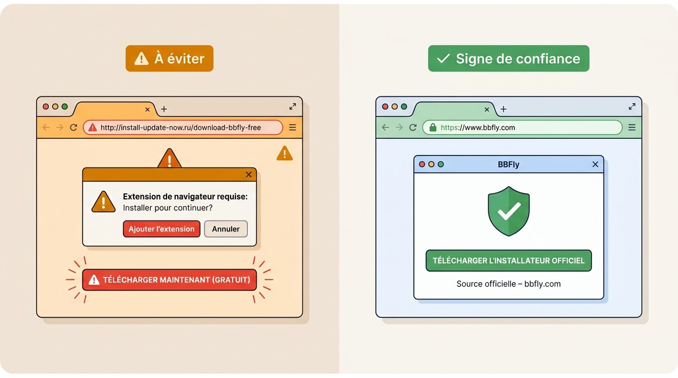 Signaux d'alarme d'un faux installateur vs téléchargement sûr depuis le domaine officiel BBFly