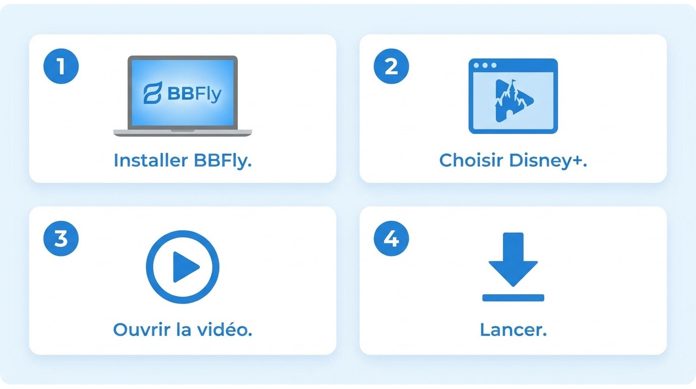 4 étapes pour télécharger Disney+ avec BBFly : installer, choisir le service, ouvrir la vidéo, lance