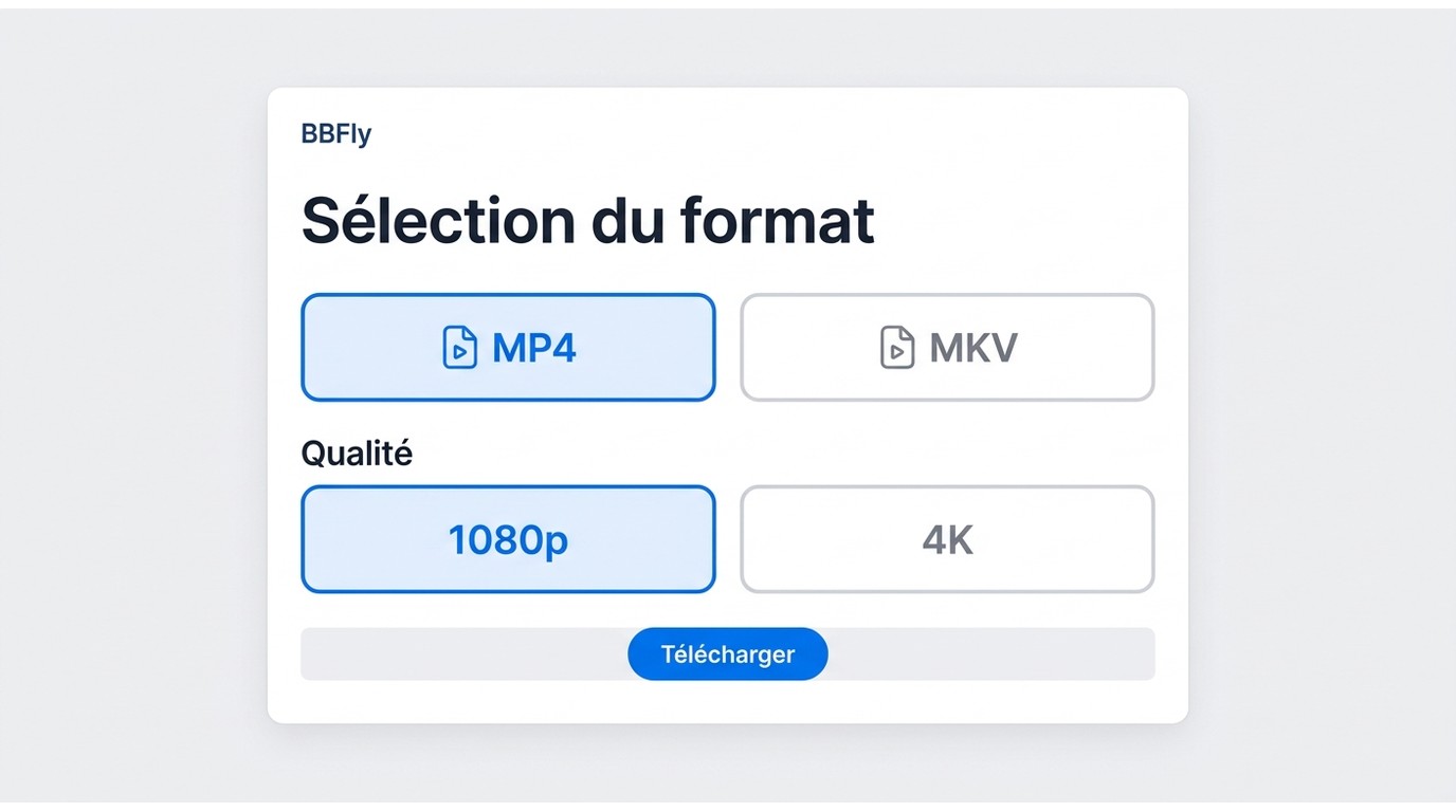 Interface BBFly Downloader montrant les options de format MP4/MKV et de qualité 1080p/4K disponibles