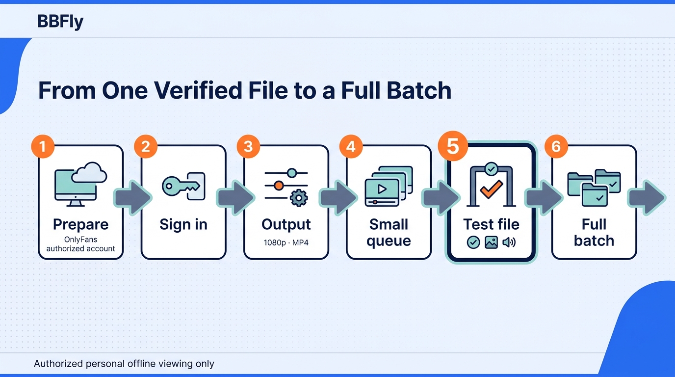 The safe order is deliberate: prove one representative file before letting the full queue run.