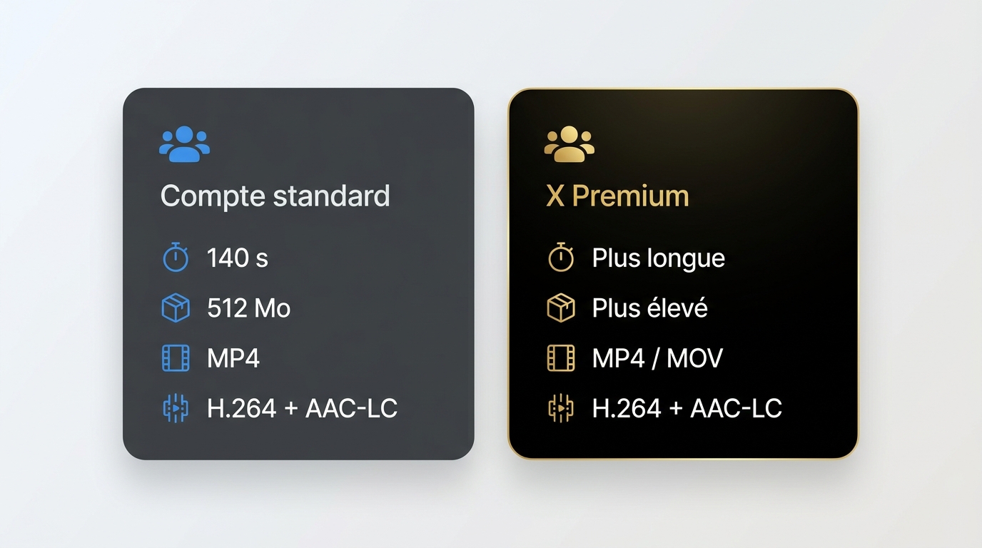 Comparaison Compte standard X vs X Premium : durée 140 s / plus longue, poids 512 Mo, codec H.264 + 