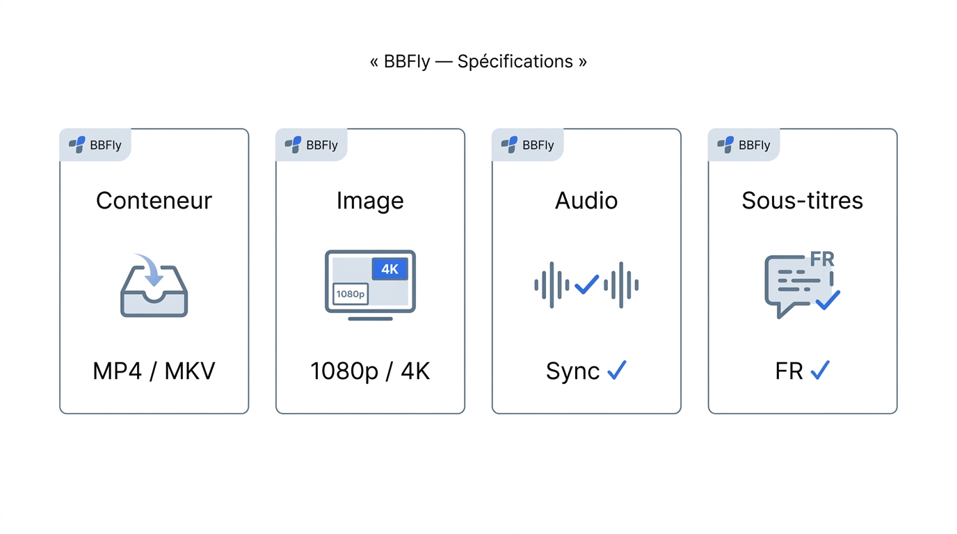 Checklist export BBFly : conteneur MP4/MKV, résolution 1080p-4K, audio synchronisé, sous-titres prés