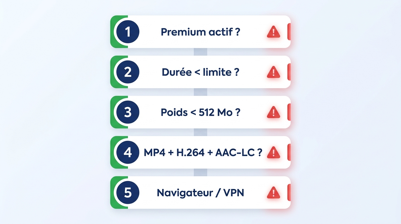 Arbre de décision dépannage X : vérifier compte, durée, poids, codec H.264/AAC, puis navigateur ou V