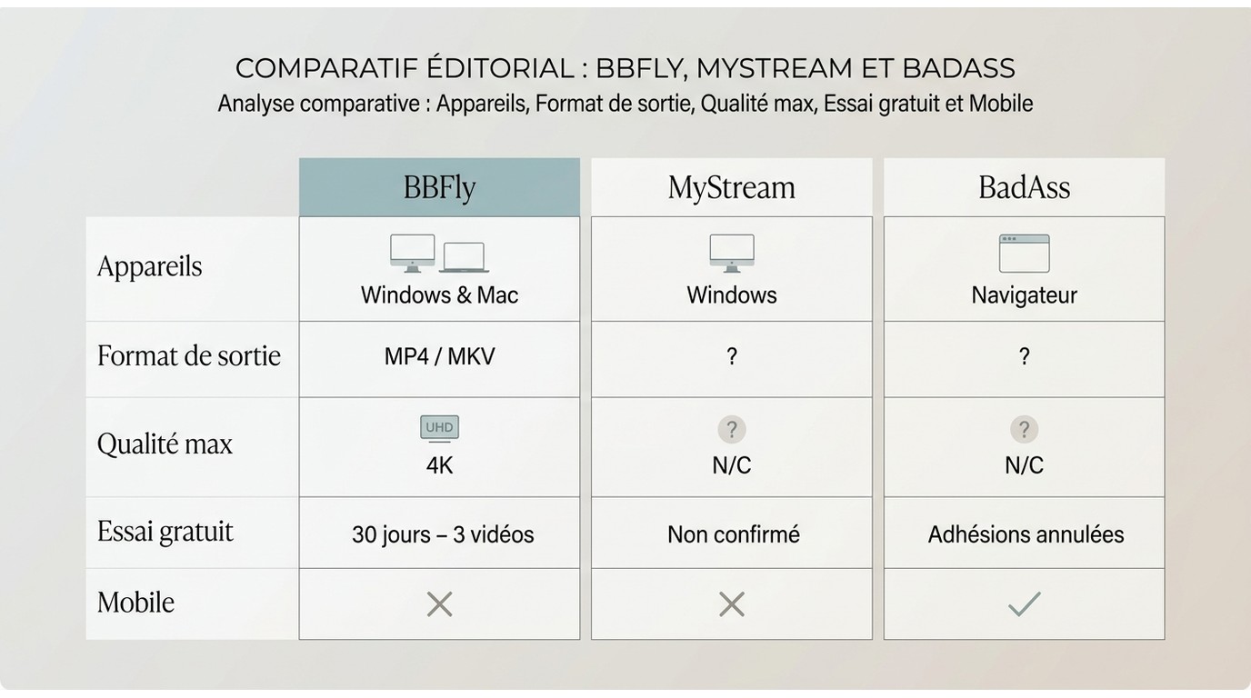 Comparaison BBFly, MyStream et BadAss : appareils, format de sortie, qualité max et essai gratuit