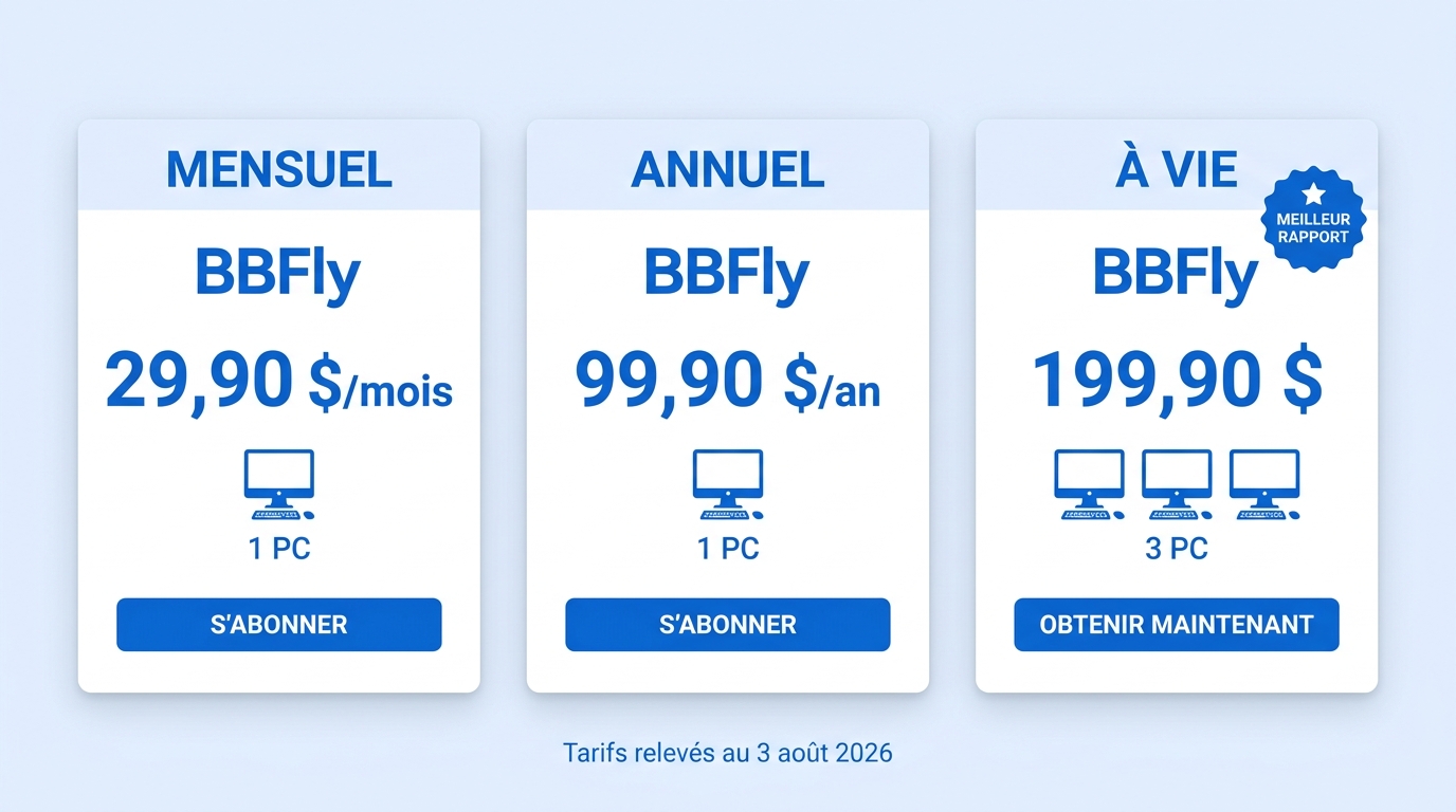 Tarifs BBFly : 29,90 $/mois, 99,90 $/an, 199,90 $ à vie pour 3 PC