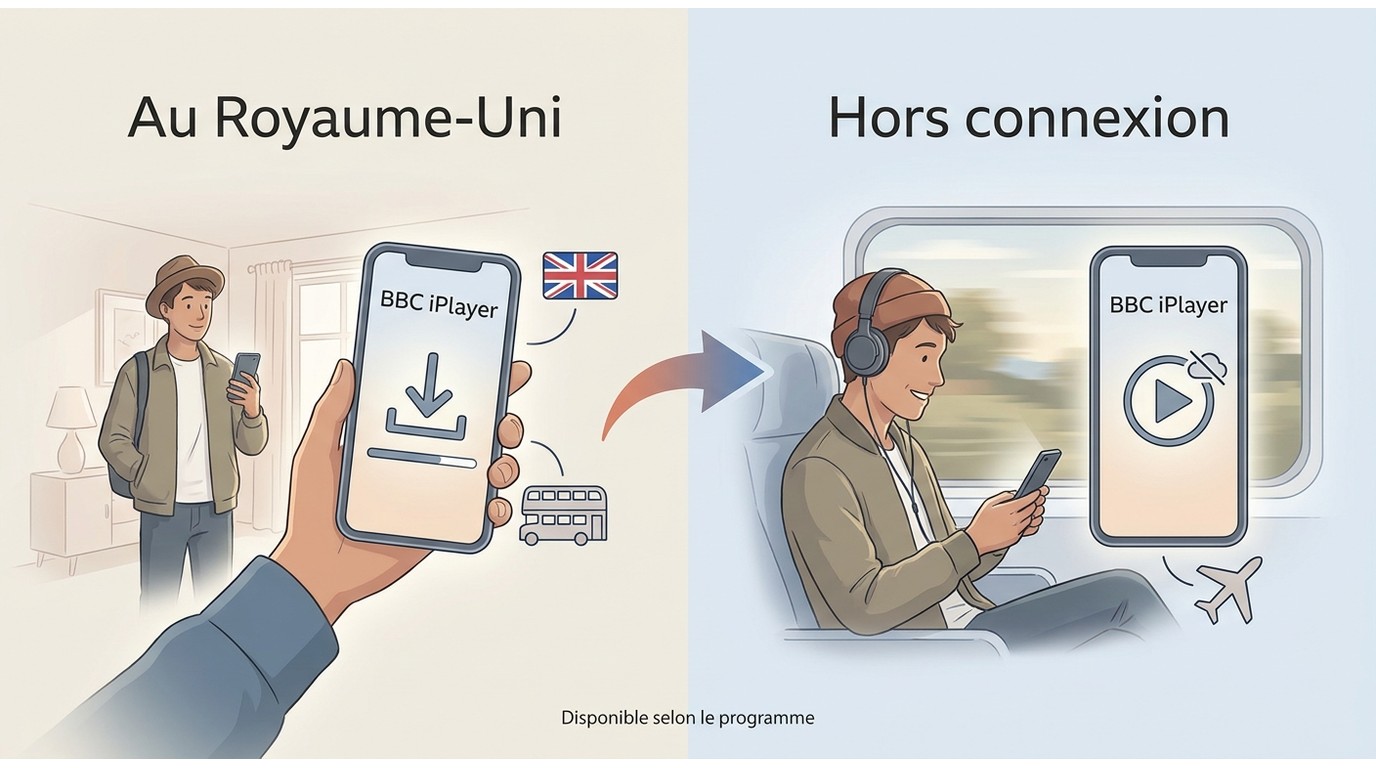 Téléchargement BBC iPlayer au Royaume-Uni puis lecture hors connexion en voyage.