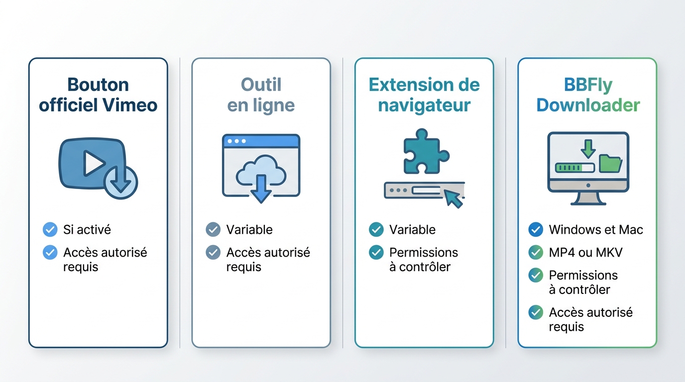 Comparaison de Vimeo, outils en ligne, extensions et BBFly Downloader selon accès et qualité.