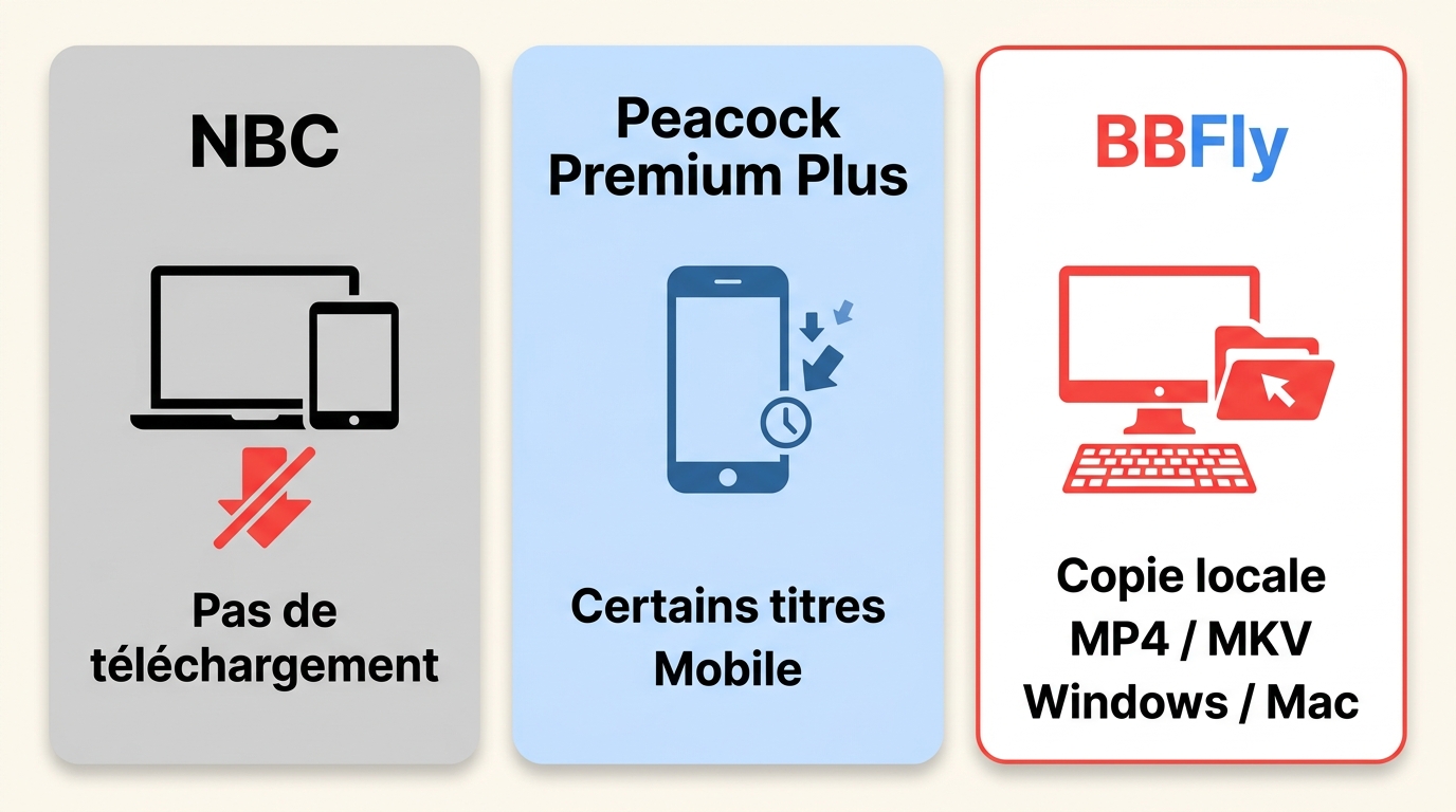 Comparaison NBC, Peacock Premium Plus et BBFly selon appareils, hors connexion et qualité 4K.