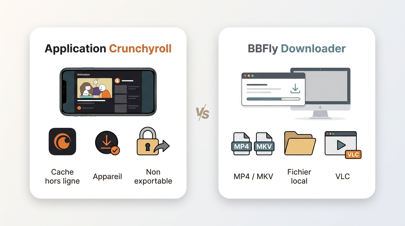 Comparaison entre le cache hors ligne Crunchyroll et les fichiers MP4 ou MKV de BBFly.